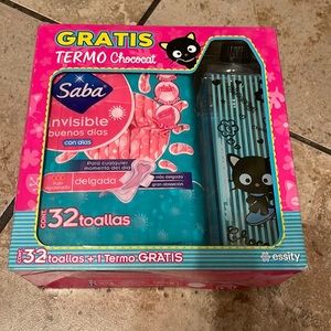 Feminine pads with plastic Chococat water bottle.